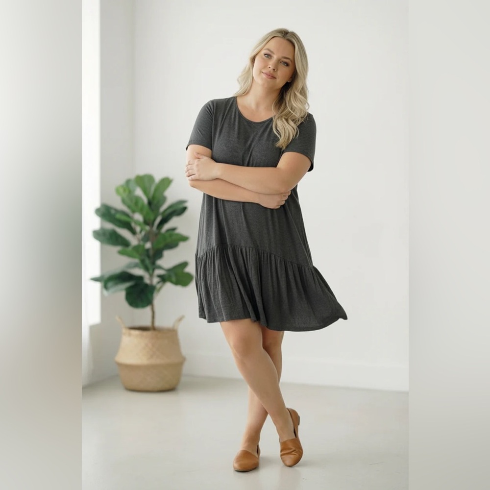 195 Sweet Pea Charcoal Short Sleeve Drop Waist Dress